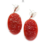 Orange Onyx Carving Silver Earring: 11.70gms Natural Onyx Gemstone Oval Shape Hand Carved 925 Sterling Silver Prong Set Stud Push Back Earring 1.70