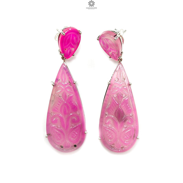 Pink Onyx Carving Silver Earring: 12.00gms Natural Onyx Gemstone Pear Shape Hand Carved 925 Sterling Silver Prong Set Stud Push Back Earring 2.30"