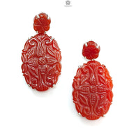 Orange Onyx Carving Silver Earring: 12.72gms Natural Onyx Gemstone Oval Shape Hand Carved 925 Sterling Silver Prong Set Stud Push Back Earring 1.80