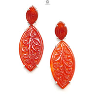 Orange Onyx Carving Silver Earring: 12.72gms Natural Onyx Gemstone Marquise Shape Hand Carved 925 Sterling Silver Prong Set Stud Push Back Earring 2.00