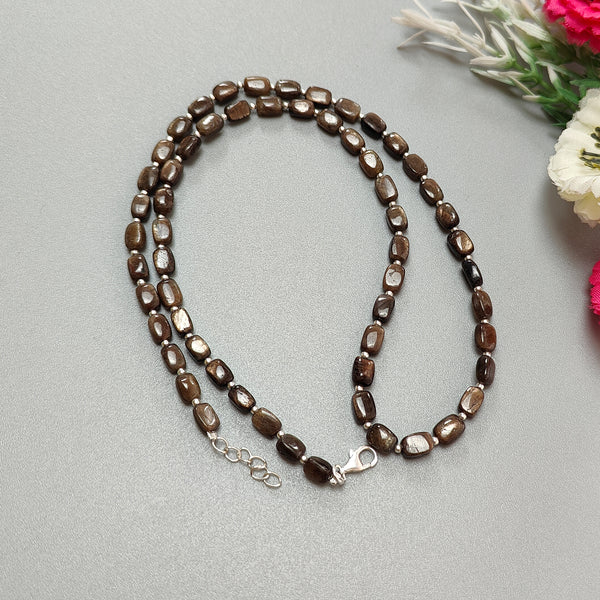 Golden Brown Chocolate Sapphire Gemstone Beads Necklace : 18.31gms 925 Sterling Silver Natural Plain Cushion Sapphire 5*4mm - 6*5mm 19"