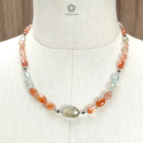 Oregon Sunstone Gemstone Beads Necklace : 155.20cts Natural Untreated Golden Brown sapphire Round Oval 925 Sterling Silver 19" Necklace