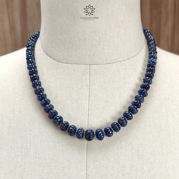 Blue Sapphire Melon Pumpkin Beads : 394.80cts 925 Sterling Silver Natural Sapphire Hand Carved Rondelle Melon Beads 8mm - 11mm 19.5"