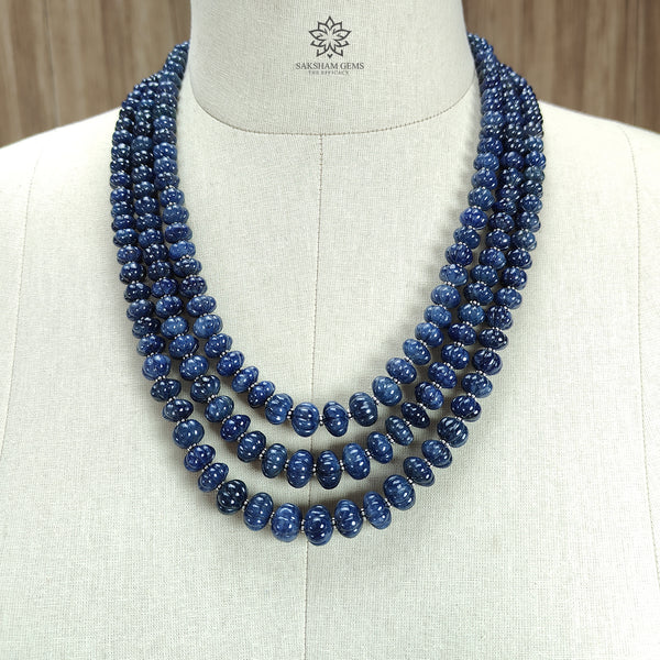 Blue Sapphire Melon Pumpkin Beads Necklace : 1209.40cts 925 Sterling Silver Natural Sapphire Hand Carved Melon Beads 7mm - 12mm 16"- 20"