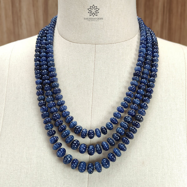 Blue Sapphire Melon Pumpkin Beads Neckalce : 1146.20cts 925 Sterling Silver Natural Sapphire Hand Carved Melon Beads 7mm - 11mm 17" - 20"