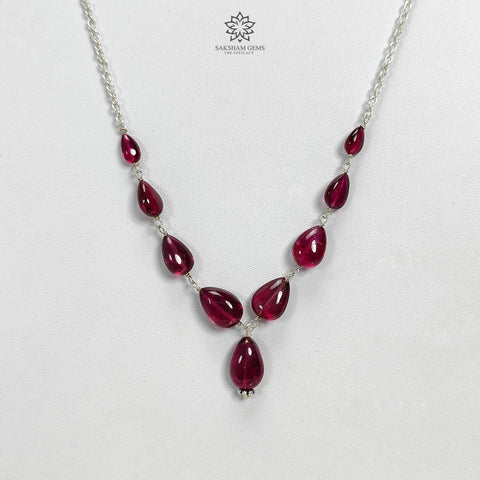 Rubellite Tourmaline Beads Chain Necklace: 41.50cts Natural Untreated Tourmaline 925 Sterling Silver Plain Pear 6*4mm - 12*8mm 22