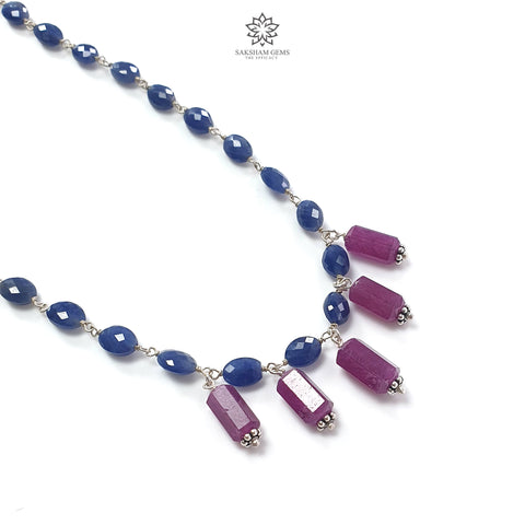 Blue Sapphire and Ruby Beads Chain Necklace 64.65cts