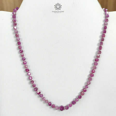 Raspberry Ruby Faceted Beads Necklace: 126.40cts Natural Untreated Ruby 925 Sterling Silver Hexagon Shape 5mm - 6.5mm 18