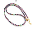 Ruby & Blue Sapphire Gemstone Beads Necklace: 18.67gms Natural Ruby, Green Quartzite Gemstone Plain Rondelle Brass Necklace 4mm 18"