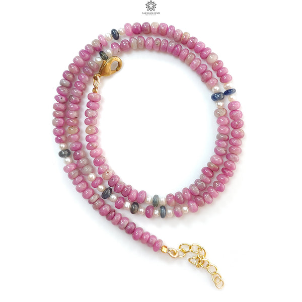 Zoisite Ruby Gemstone Beads Necklace: 21.22gms Natural Ruby, White Pearl & Blue Sapphire Plain Rondelle Brass Necklace 4.5mm - 5mm 18"