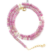 Crystal Ruby Gemstone Beads Necklace: 21.85gms Natural Untreated Ruby, White Pearl & Cat's Eye Plain Rondelle Brass Necklace 4.5mm - 5mm 18