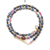 Golden, Blue & Pink Sapphire Gemstone Beads Necklace: 18.84gms Natural Untreated Sapphire Plain Oval Brass Necklace 6*5mm - 7*5mm 18