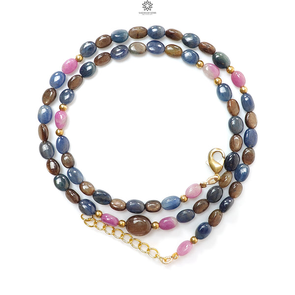 Golden, Blue & Pink Sapphire Gemstone Beads Necklace: 18.84gms Natural Untreated Sapphire Plain Oval Brass Necklace 6*5mm - 7*5mm 18"