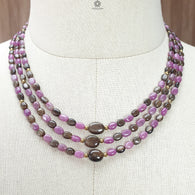 Golden & Pink Sapphire Gemstone Beads Necklace: Natural Untreated Unheated Sapphire Plain Oval Shape Brass Necklace 18