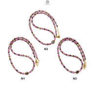 Golden & Pink Sapphire Gemstone Beads Necklace: Natural Untreated Unheated Sapphire Plain Oval Shape Brass Necklace 18