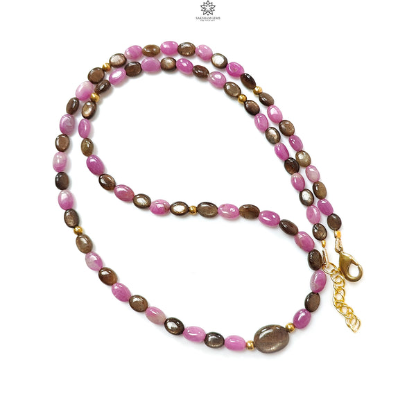 Golden & Pink Sapphire Gemstone Beads Necklace: Natural Untreated Unheated Sapphire Plain Oval Shape Brass Necklace 18" 1 Strand