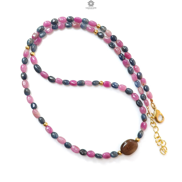 Pink & Blue Sapphire Gemstone Beads Necklace: Natural Untreated Unheated Sapphire Plain Oval Shape Brass Necklace 18" 1 Strand