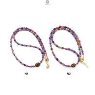 Pink & Blue Sapphire Gemstone Beads Necklace: Natural Untreated Unheated Sapphire Plain Oval Shape Brass Necklace 18