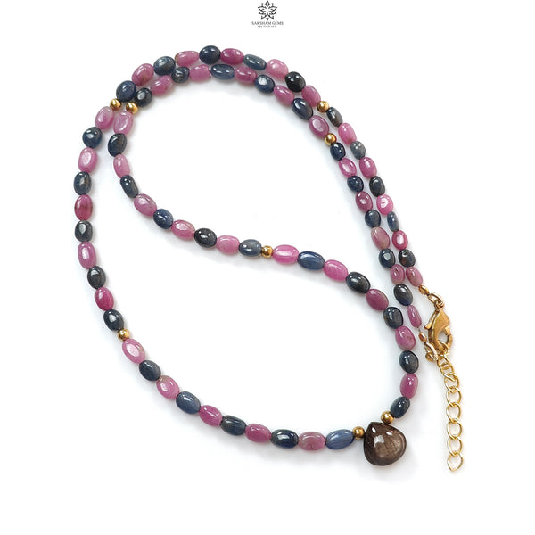 Pink, Blue & Golden Sapphire Gemstone Beads Necklace: Natural Untreated Unheated Sapphire Plain Oval Heart Shape Brass Necklace 18" 1 Strand