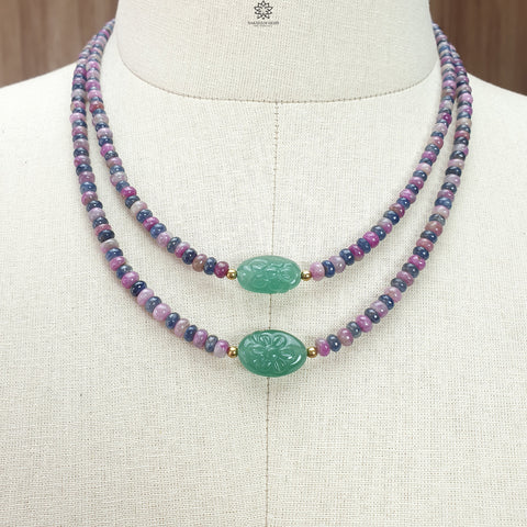 Zoisite Ruby & Blue Sapphire Gemstone Beads Necklace: Natural Untreated Ruby, Green Quartzite Plain Rondelle Brass Necklace 18