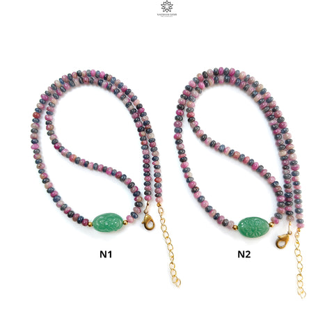 Zoisite Ruby & Blue Sapphire Gemstone Beads Necklace: Natural Untreated Ruby, Green Quartzite Plain Rondelle Brass Necklace 18