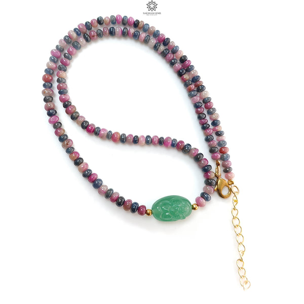 Zoisite Ruby & Blue Sapphire Gemstone Beads Necklace: Natural Untreated Ruby, Green Quartzite Plain Rondelle Brass Necklace 18" 1 Strand