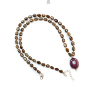 Golden Chocolate Sapphire Gemstone Beads Necklace: 24.06gms Natural Ruby, Sapphire Plain Oval 925 Silver Necklace 6*5mm - 8*5.5mm 22