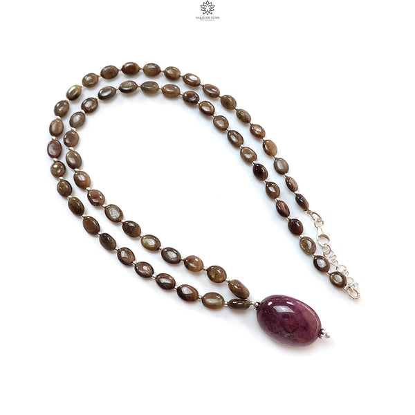 Golden Chocolate Sapphire Gemstone Beads Necklace: 25.21gms Natural Ruby, Sapphire Plain Oval 925 Silver Necklace 6*5mm - 8*6mm 20"