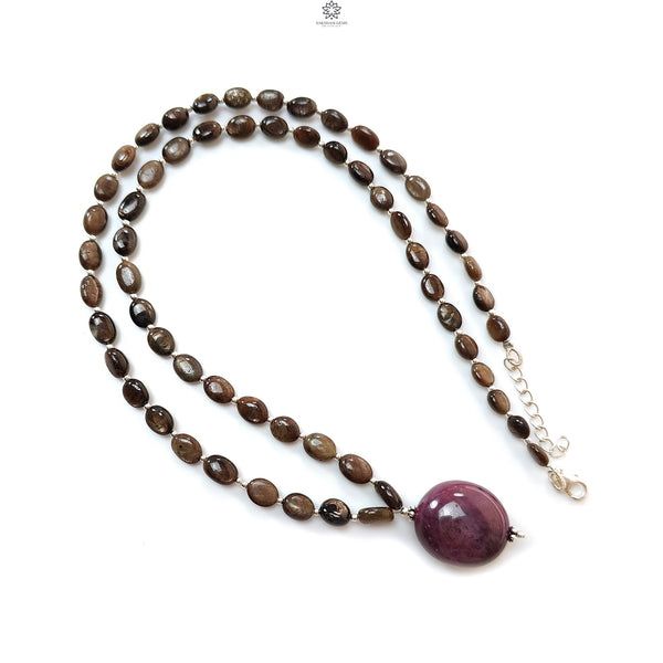 Golden Chocolate Sapphire Gemstone Beads Necklace: 29.10gms Natural Ruby, Sapphire Plain Oval 925 Silver Necklace 6*5mm - 8*6mm 22"