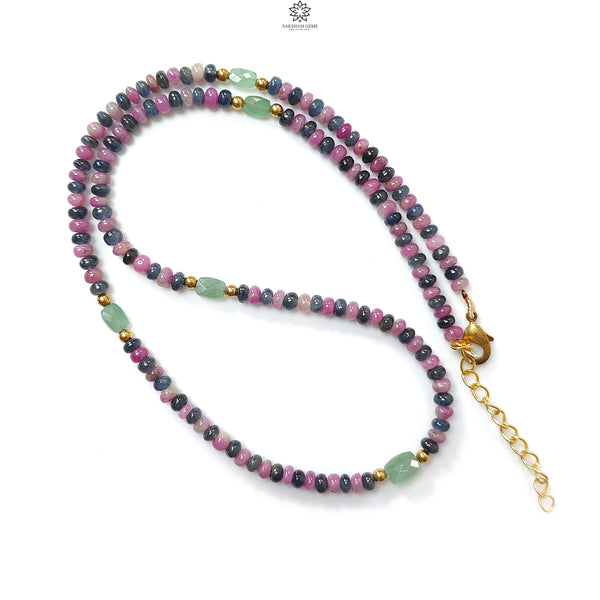 Zoisite Ruby & Blue Sapphire Gemstone Beads Necklace: Natural Untreated Ruby, Green Quartzite Plain Rondelle Brass Necklace 18" 1 Strand