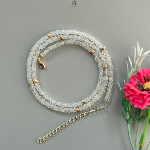 Rainbow Moonstone Gemstone Beads Necklace: 17.13gms Natural Moonstone Plain Rondelle Brass Necklace 21