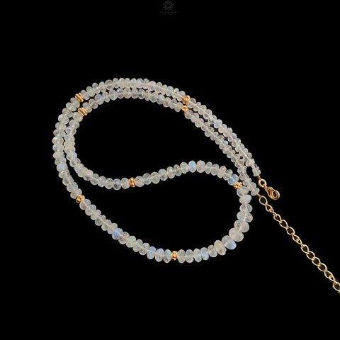 Rainbow Moonstone Gemstone Beads Necklace: 22.85gms Natural Moonstone Plain Rondelle Brass Necklace 19