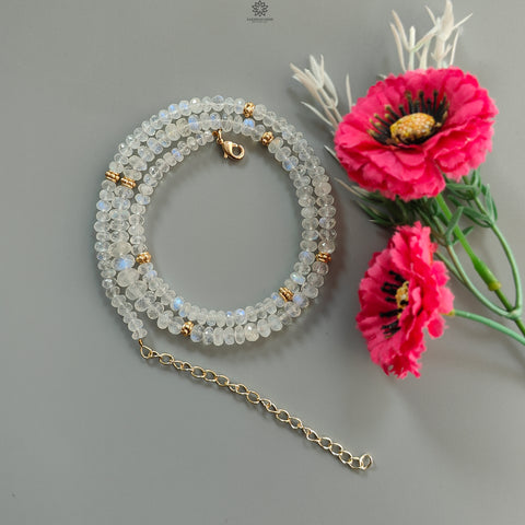 Rainbow Moonstone Gemstone Beads Necklace: 22.85gms Natural Moonstone Plain Rondelle Brass Necklace 19