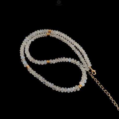 Rainbow Moonstone Gemstone Beads Necklace: 23.36gms Natural Moonstone Plain Rondelle Brass Necklace 18