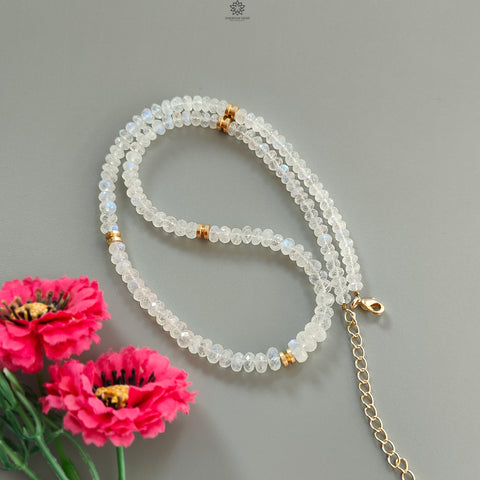 Rainbow Moonstone Gemstone Beads Necklace: 23.36gms Natural Moonstone Plain Rondelle Brass Necklace 18