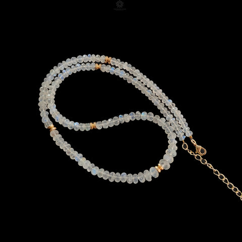 Rainbow Moonstone Gemstone Beads Necklace: 24.64gms Natural Moonstone Plain Rondelle Brass Necklace 19