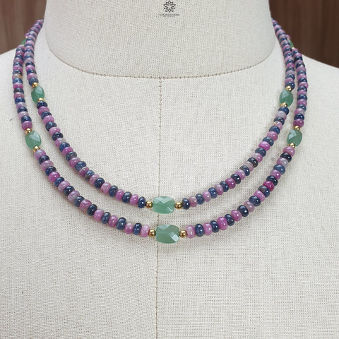 Zoisite Ruby & Blue Sapphire Gemstone Beads Necklace: Natural Untreated Ruby, Green Quartzite Plain Rondelle Brass Necklace 18