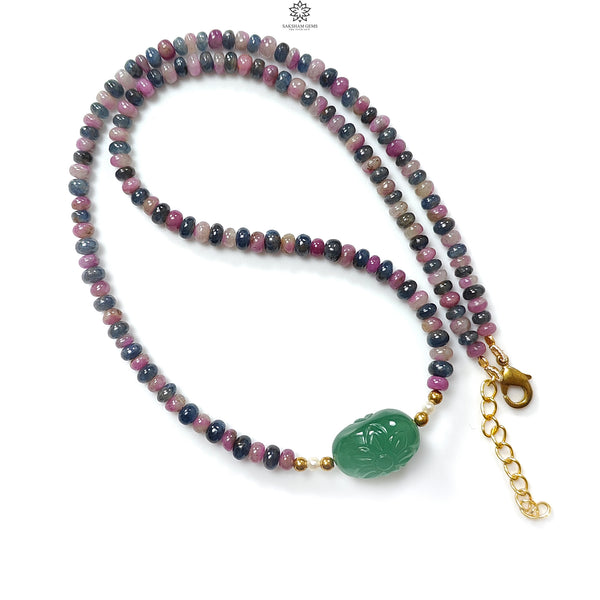 Zoisite Ruby & Blue Sapphire Gemstone Beads Necklace: Natural Untreated Ruby, Green Quartzite Plain Rondelle Brass Necklace 18" 1 Strand