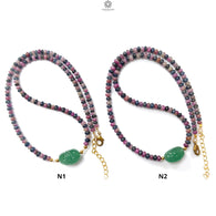 Zoisite Ruby & Blue Sapphire Gemstone Beads Necklace: Natural Untreated Ruby, Green Quartzite Plain Rondelle Brass Necklace 18