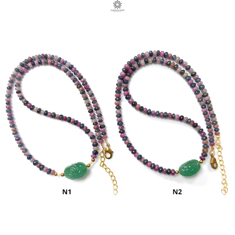 Zoisite Ruby & Blue Sapphire Gemstone Beads Necklace: Natural Untreated Ruby, Green Quartzite Plain Rondelle Brass Necklace 18