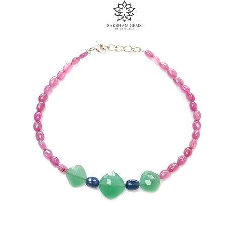 Sapphire & Quartz  Gemstone Beads Bracelet:  925 Sterling Sliver Pink Sapphire Green Quartz Gemstone Beads Bracelet 8