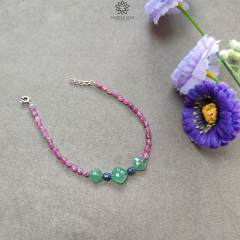 Sapphire & Quartz  Gemstone Beads Bracelet:  925 Sterling Sliver Pink Sapphire Green Quartz Gemstone Beads Bracelet 8