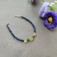 Sapphire & Quartz Opal Beads Bracelet : 6.64gms 925 Sterling Silver Blue Sapphire Yellow Opal Green Quartz Gemstone Plain Checker Cut 8