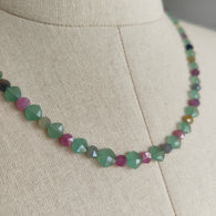 Sapphire & Quartz Beads Necklace :13.86gms 925 Sterling Silver Multi Sapphire Green Quartz Briolette Faceted Round Cushion Necklace 18