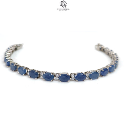 925 Sterling Silver Bracelet : 13.30gms Natural Blue Sapphire Gemstone With CZ Oval Normal Cut Prong Set Tennis Bracelet 7.5