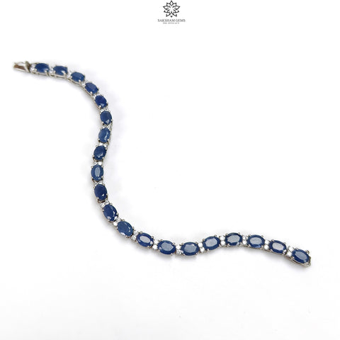 925 Sterling Silver Bracelet : 13.30gms Natural Blue Sapphire Gemstone With CZ Oval Normal Cut Prong Set Tennis Bracelet 7.5