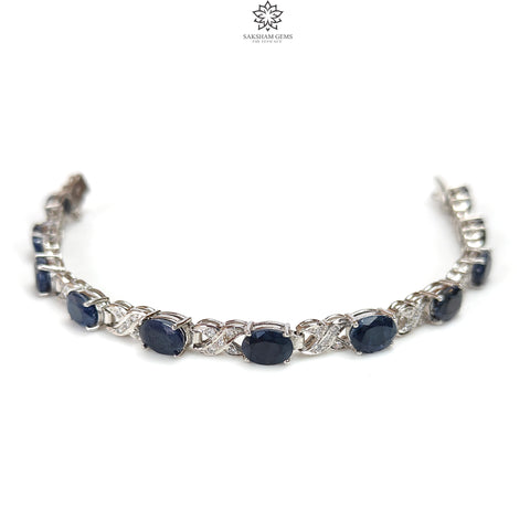 925 Sterling Silver Bracelet : 15.17gms Natural Blue Sapphire Gemstone With CZ Oval Normal Cut Prong Set Tennis Bracelet 7.5