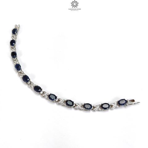 925 Sterling Silver Bracelet : 15.17gms Natural Blue Sapphire Gemstone With CZ Oval Normal Cut Prong Set Tennis Bracelet 7.5