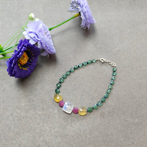 Gemstone Beads Bracelet : 5.20gms Green Quartz Yellow Opal Moonstone & Sapphire 925 Sterling Sliver Beaded Bracelet Checker Cut 8.25