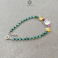 Gemstone Beads Bracelet : 5.20gms Green Quartz Yellow Opal Moonstone & Sapphire 925 Sterling Sliver Beaded Bracelet Checker Cut 8.25